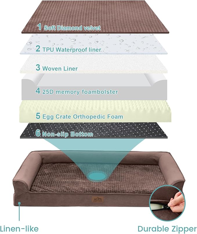 Orthopedic Dog Bed for Extra Large Dog, XL Pet Couch for XLarge Dog, Supportive Foam Bolster Sofa with Waterproof Lining Cover, Anti-Slip, Comfort, Washable, 42x30x7.5 in, U Shape, Brown