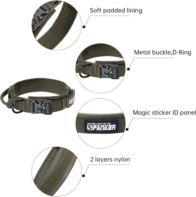 EXCELLENT ELITE SPANKER Tactical Dog Collar Nylon Adjustable Training Collar Military Dog Collar Heavy Duty Metal Buckle with Control Handle for Medium and Large Dogs with Patches(Ranger Green-XL)