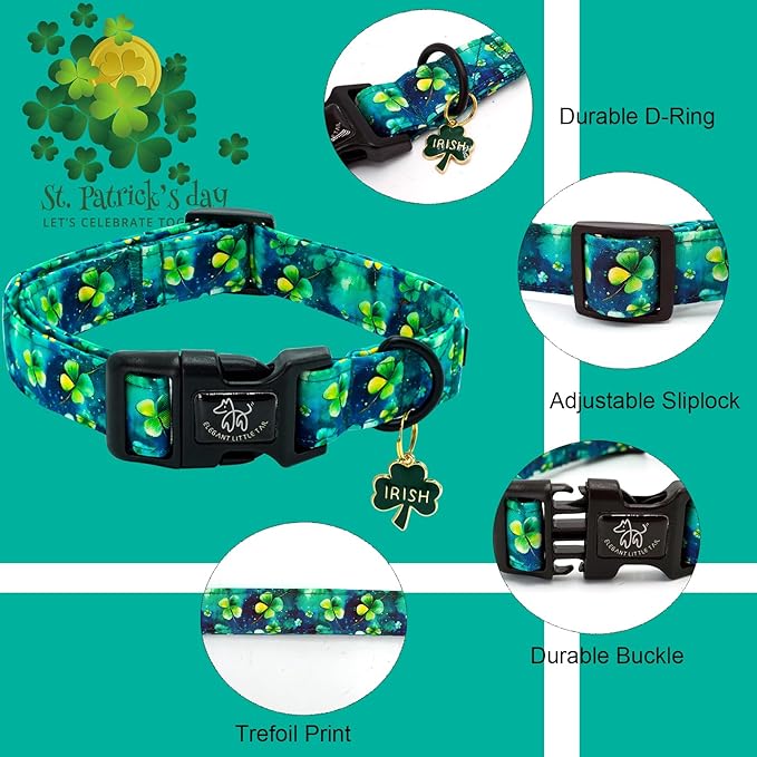 Elegant little tail St Patrick's Dog Collar-Green Cute Colver Cotton Shamrock Pet Collar Trefoil Holiday Adjustable Cotton Pet Collar with Quick Release Buckle for Small Medium Large Dogs