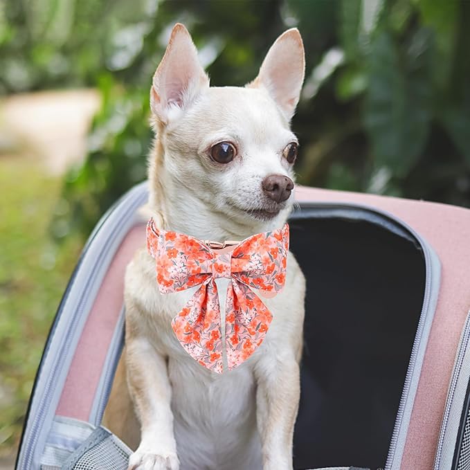 Dog Collar with Bow Tie,UP URARA PUP Orange Flower Bowtie Dog Collar, Summer Bowtie Collar for Puppy Boy Girl Dog, Comfortable Cotton Dog Collar with Metal Buckle,XS