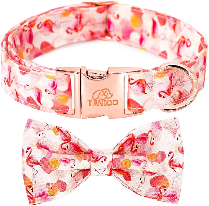 Tunkoo Super Cute Dog Collar with Bow Tie Pink Flamingo Heart - Durable, Adjustable, and Stylish Pet Collar Available in Small Medium Large M