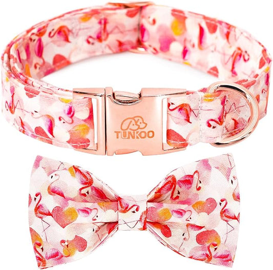 Tunkoo Super Cute Dog Collar with Bow Tie Pink Flamingo Heart - Durable, Adjustable, and Stylish Pet Collar Available in Small Medium Large L
