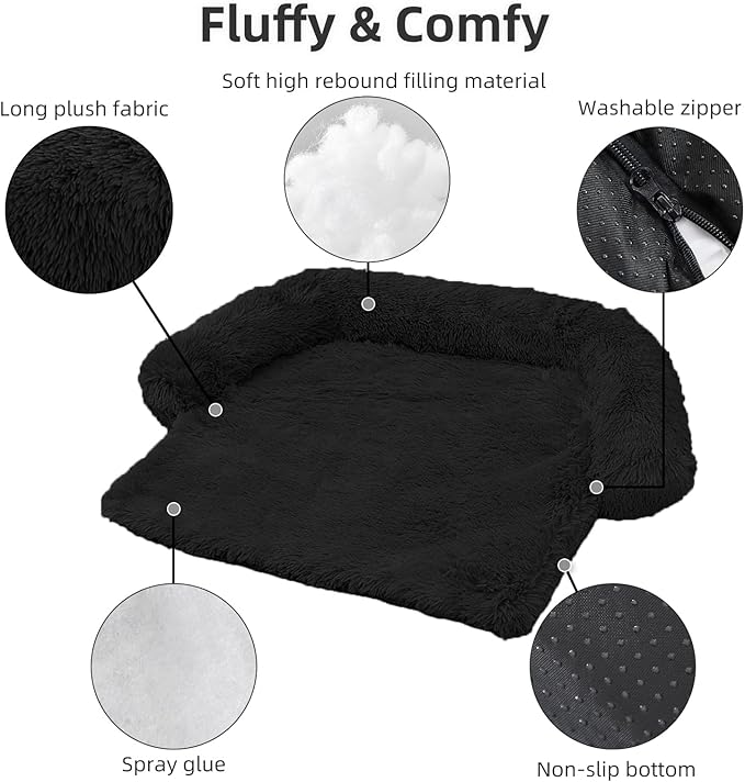 Calming Dog Bed Fluffy Plush Dog Mat for Furniture Protector with Removable Washable Cover for Large Medium Small Dogs and Cats (Extra Large (53x39.3x6), Black)