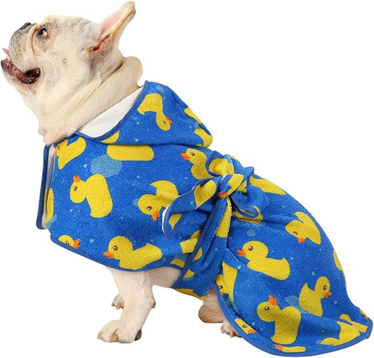 HDE Dog Bathrobe Super Absorbent Quick Drying Towel with Hood for All Dog Breeds Sizes S-XXL - Blue Rubber Ducks - M
