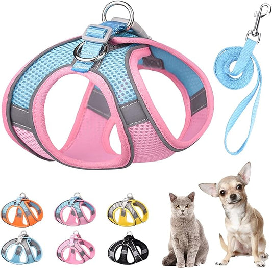 Soft Small Dog Harness and Leash Set Mesh Puppy Harnesses Leash Easy Walk Dog Harness Vest Adjustable Reflective No Pull Dog Harnesses for Small Dogs Cats (Pink Blue,L)
