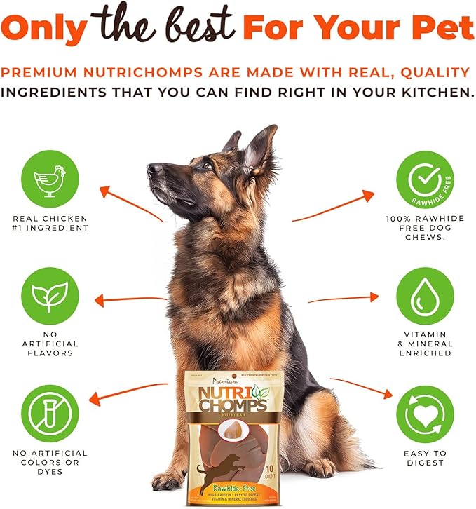NutriChomps Dog Chews, Ear-Shaped, Easy to Digest, Rawhide-Free Dog Treats, 10 Count, Real Chicken flavor