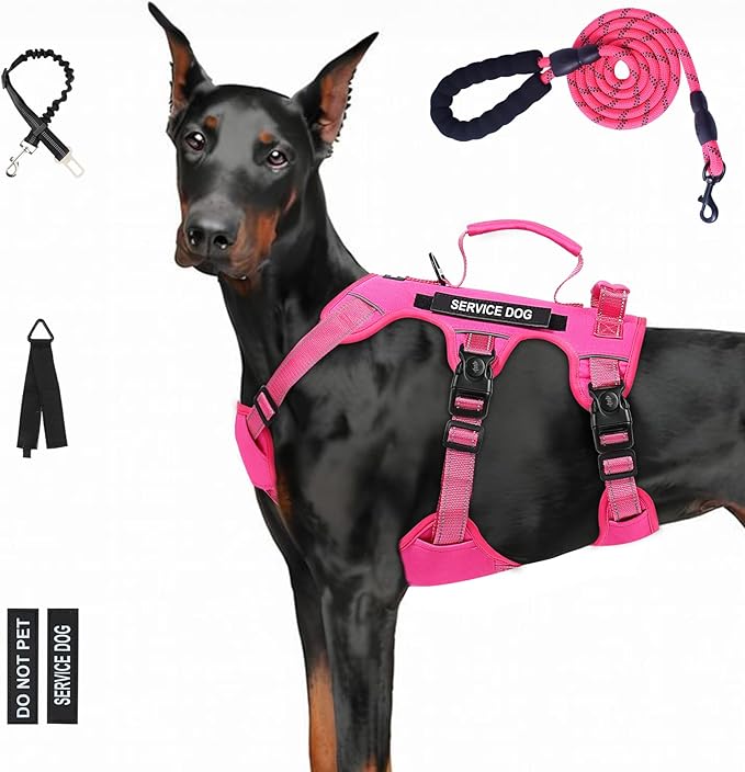 Escape Proof Dog Harness for Large Medium Sized Dogs Six Point Adjustable, Service Dog Vest Harness and Leash Set, No Pull Dogs Harnesses with Handle, XL Dog Harnesses for Walking(Pink, XL)