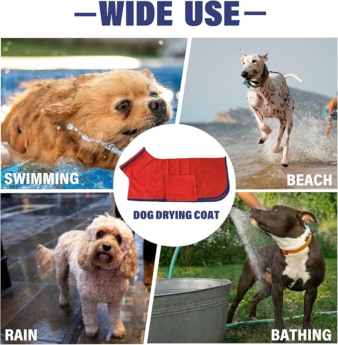 Dog Drying Coat - Fast Drying Dog Towel Robe - Microfiber Super Absorbent Pet Bathrobe, Adjustable Collar & Belly Strap Pet Coat Pet Bath Robe Towel (XXX-Large, Red)