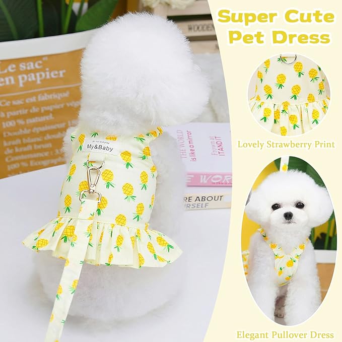 Small Dog Dress Harness and Leash Set Cute Princess Birthday Dog Dresses Soft Fruit Print Puppy Dresses Girl Dog Clothes for Small Dogs Cats Chihuahua Yorkie Shih Tzu (Yellow Pineapple,L)
