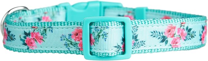 Green Flower Pattern Dog Collar, Nylon Webbing Plus Polyester Ribbon 2 Layers, for Small Dogs(Small, Green Flower)