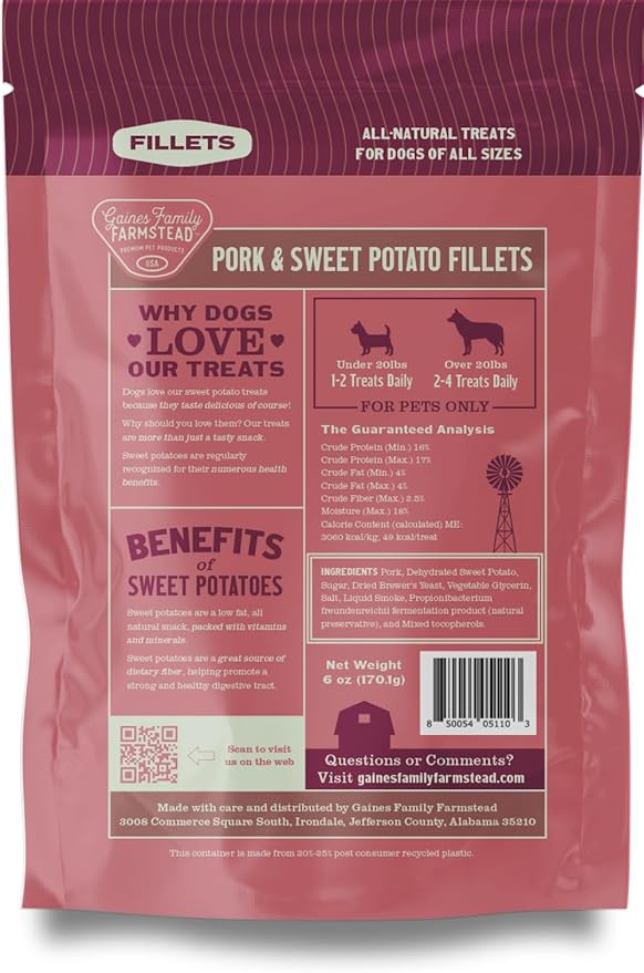 Gaines Family Farmstead Sweet Potato & Pork Dog Treats – Tastes Like Bacon, Natural, Grain-Free, High Protein, Limited Ingredient, Healthy Chews and Training Treats for Dogs, Made in USA, 6 oz