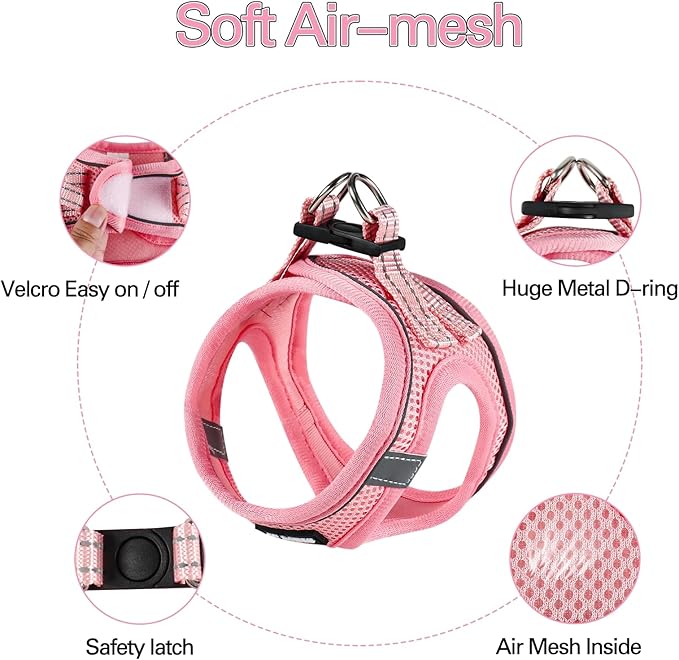 Dog Harness for Small Dogs and Leash Set, Honeycomb Grid, Reflective Lightweight Harness & Anti-Twist Pet Lead (Multi Color, Size: XS-S-M) (XS, Pink)