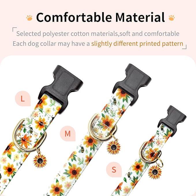 Cotton Dog Collar,Adjustable Cute Puppy Collar with Moon Patterned Design for Small Medium Large Dogs,Soft and Fancy Pet Collar with Safety Buckle for Girl Boy Dogs (Yellow Sunflower, S)