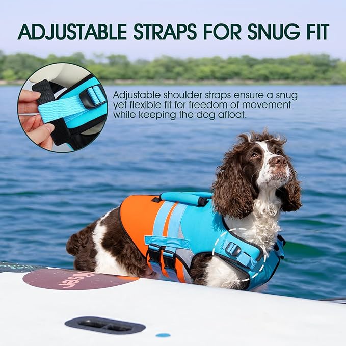 Kuoser Dog Life Jacket, Large High Flotation L Dog Life Vest for Swimming Boating, Reflective Dogs Swimsuit Lifejacket, Pet Life Preserver with Double Rescue Handle,Blue, L