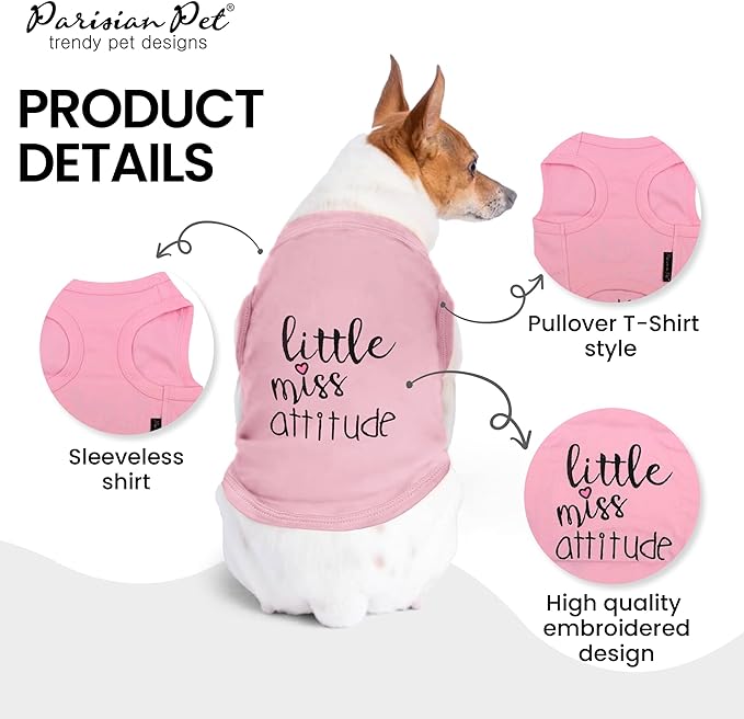 Parisian Pet Dog Tshirt - Embroidered “Little Miss Attitude“ Tank Top - 100% Cotton, Lightweight Dog Clothes Female - Sleeveless Pink Tee Shirts for Large Dogs Girl - XL