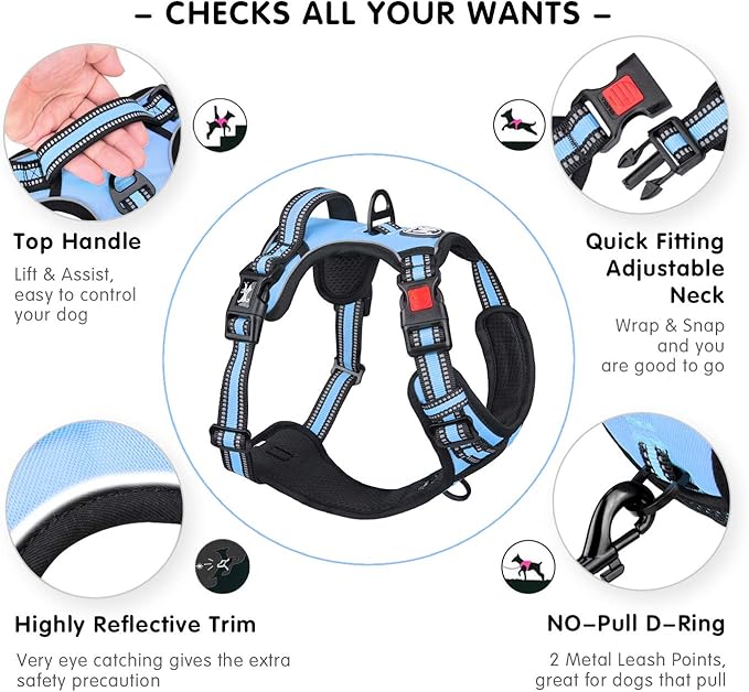 PoyPet No Pull Dog Harness, [Release on Neck] Reflective Adjustable No Choke Pet Vest with Front & Back 2 Leash Attachments, Soft Control Training Handle for Small Medium Large Dogs(Light Blue,XL)