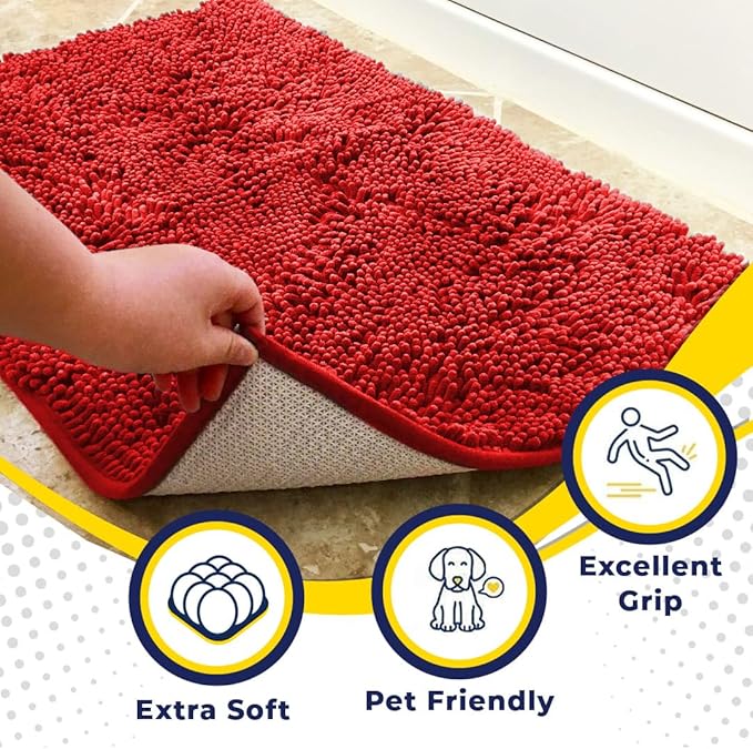 Muddy Mat® Shown on TV – Super Absorbent Microfiber Dog Door Mat for Muddy Paws, Non-Slip Washable Pet Rug, Quick Dry Chenille Entryway Carpet, Machine Washable Indoor Outdoor mat, Red 59"x24"