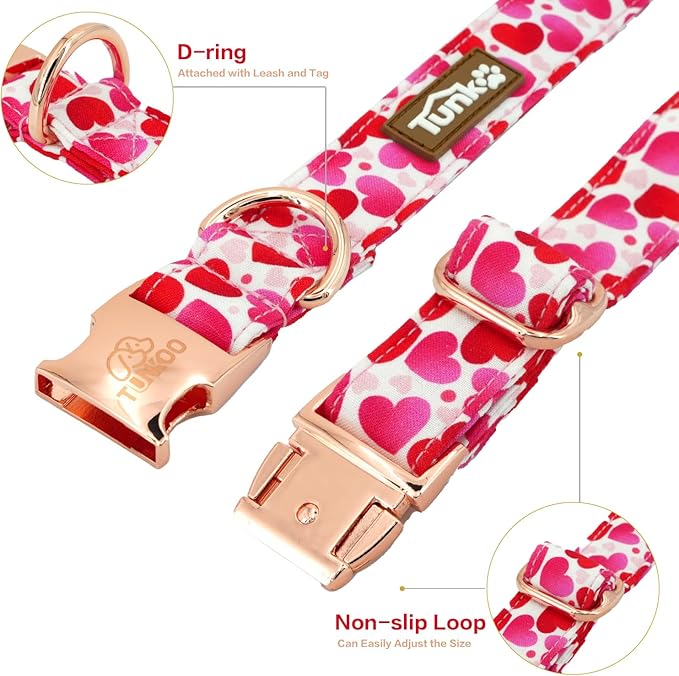 Tunkoo Valentine's Day Dog Collar with Bow Tie - Adjustable and Adorable Pet Collar - Red Hearts with Rose Gold Buckle for Large Medium Small Dog Walking, M
