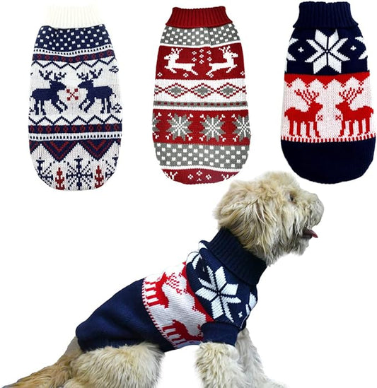 3Pcs Christmas Dog Sweater Costume Xmas Cat Knitwear Clothes Navy Blue White and Christmas Red Sweaters with Reindeers Snowflakes Pattern for Kitten Cat Puppy Dog XL