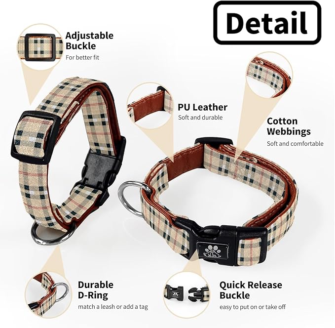 NESTROAD Dog Collar and Leash Set,Durable Leather Pet Collar with Quick Release Buckle,Adjustable Nylon Dog Collars for Small Medium Large Dogs(Small Collar + 5FT Leash,Cherecked Beige)