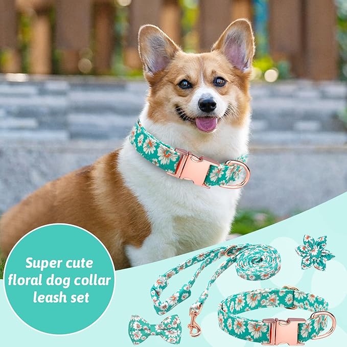 Dog Collar and Leash Set Girls Adjustable Puppy Collars with Floral Bow Tie for Small Medium Large Female Dogs, Light Green Daisy, M