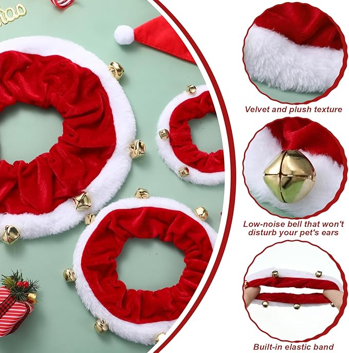 3 Pcs Christmas Jingle Bell Dog/Cat Collars Buckle Festive Christmas/Holiday Plush Neckwear for Xmas Dog Cat Outfit Pet Stretchable Scrunchy Costume Accessory Soft Collar with Bell(Large)