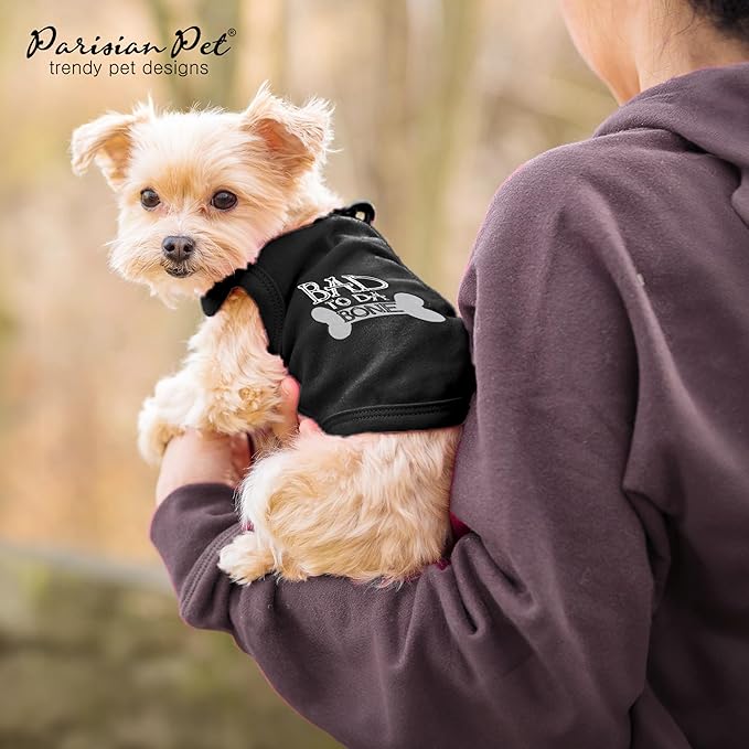 Parisian Pet Dog T-Shirt - Embroidered Bad to Da Bone Dog Clothes - 100% Cotton, Sleeveless Pet Vest - Machine Washable Shirt for Small Dogs XS