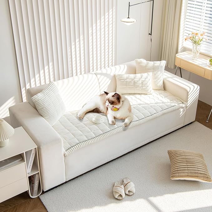 OTOB Couch Cover for Dogs Washable, Non Slip Plush Sofa Covers, Soft Fuzzy Durable Kids Pet Friendly Furniture Protector Covers (Cream, 27.6" x 70.9")