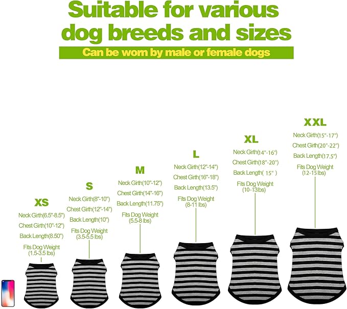 Paiaite 6-Piece Striped Shirt Set: Sleeveless Cotton Puppy Dog Shirts, Breathable Pet Apparel Tank Tops, Colorful Sweatshirts for Small to XL Dogs