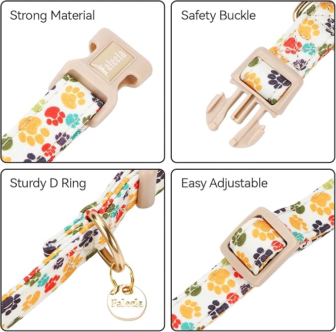 Faleela Dog Collar - Cute & Comfy Cotton Pet Collar, Adjustable Lightweight Design with Quick-Release Buckle, for Small, Medium & Large Dogs - Multiple Styles Available (Footprint, Medium)