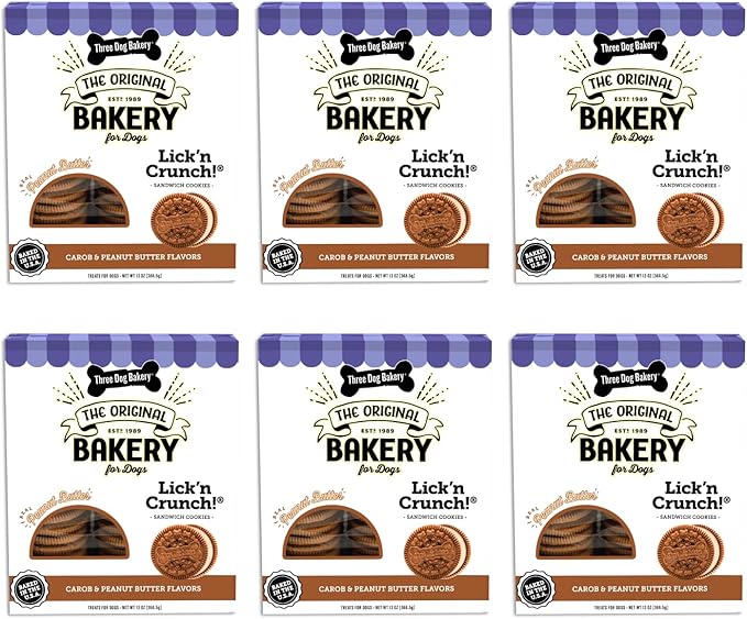 Three Dog Bakery Lick'n Crunch Baked Dog Treats, Carob and Peanut Butter Flavor, 13 Ounce Box, 6-Pack (114059)