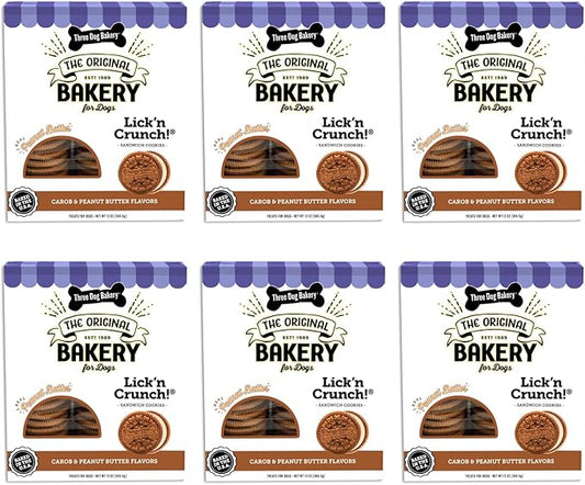 Three Dog Bakery Lick'n Crunch Baked Dog Treats, Carob and Peanut Butter Flavor, 13 Ounce Box, 6-Pack (114059)