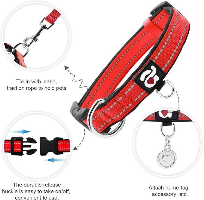 azuza Reflective Dog Collar,Soft Neoprene Padded Pet Collar with ID Tag Ring,Adjustable for Large Dogs,Red,L