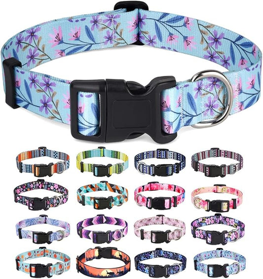 Dog Collar with Bohemia Floral Tribal Geometric Patterns - Soft Ethnic Style Collar Adjustable for Small Medium Large Dogs(Floral Purple,S)