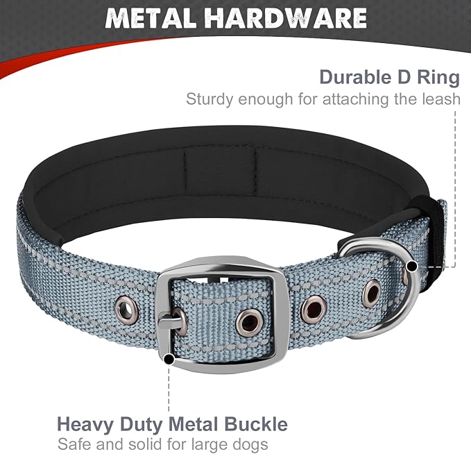Joytale Dog Collar for Large Dogs, Neoprene Padded and Adjustable, Reflective Wide Heavy Duty Pet Collars with Durable Metal Belt Buckle for Walking, Gray, L