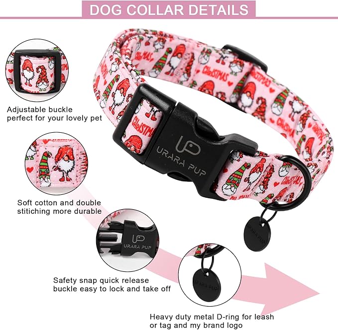 Christmas Dog Collar, Cotton Pink Christmas Collar for Medium Girl Boy Dog, Comfortable Dog Collar with Durable Buckle, Adorable Pet Collar,S