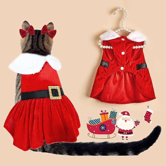 Dog Christmas Red Velvet Dress Cute Puppy Xmas Outfits Santa Claus Cat Skirt with 2 Bow Accessories Thermal Winter Warm Dog Clothes Coat Holiday Costumes(X-Large)