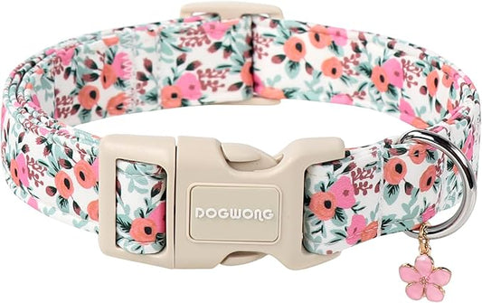 DOGWONG Flower Cotton Dog Collar, Spring Summer Cute Pink Dog Collar Durable Soft Fabric Pet Dog Collars Female Girl Necklace for Small Medium Large Dogs
