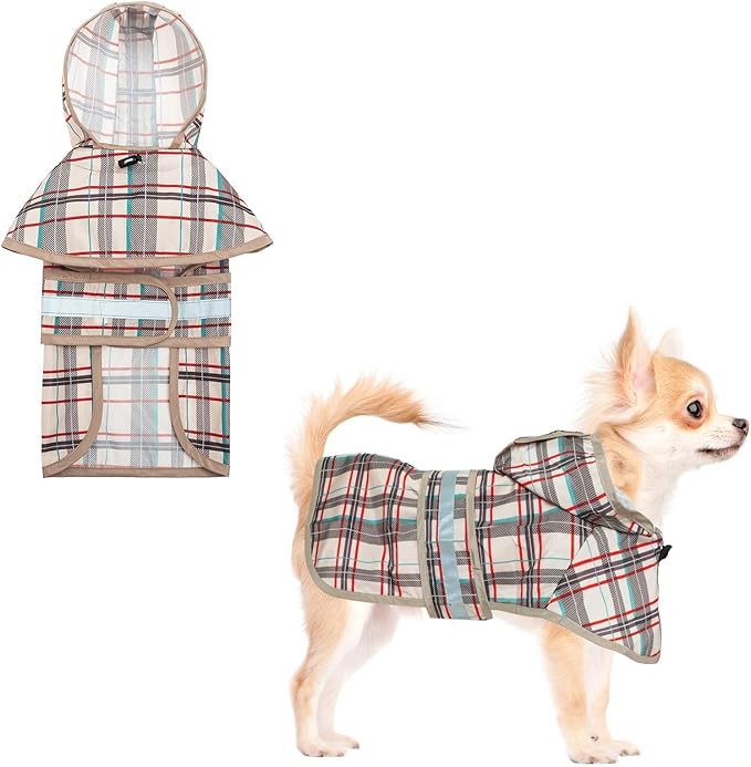 KOOLTAIL Dog Raincoat Hooded Slicker Poncho with Leash Hole, Raincoat for Small Medium Dogs, Waterproof Dog gie Rain Jacket with Reflective Strip, Adjustable Breathable Plaid Puppy Rainwear-Beige