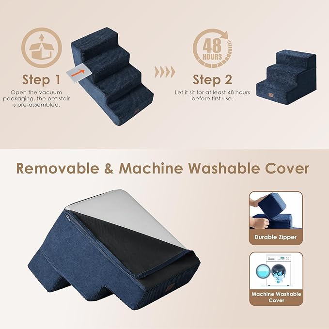 EHEYCIGA Dog Stairs for Small Dogs 13.5" H, 3-Step Dog Steps for Couch Sofa and Chair, Pet Steps for Small Cats, Non-Slip Balanced Pet Ramp Indoor, Navy Blue