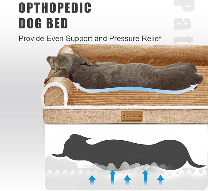 Patas Lague Orthopedic Dog Bed for Medium Dogs 36''X24'', Waterproof Comfortable L Shaped Medium Non-Slip Soft Warm Pet Sofa Sleep Bed mat with Removable Washable Cover, Brown