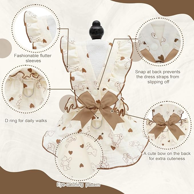 CuteBone Cotton Dog Dress Bear with Leash Ring & Sleeve Ruffles, Soft & Breathable, Stylish Pet Clothes Outfit for Small Dogs, Comfortable & Easy to Wear CFX02L