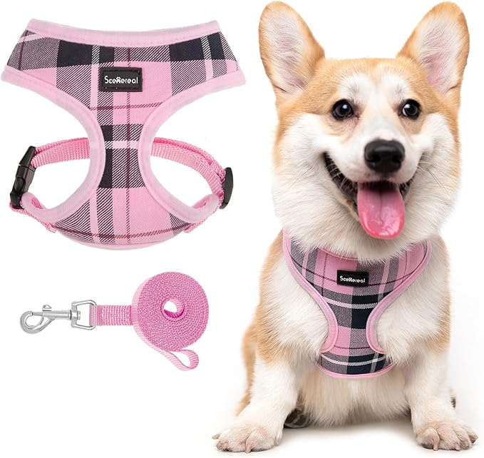 SCENEREAL Puppy Dog Harness with Leash Set for Small Medium Sized Dogs, Soft Mesh Step in Pet Harnesses and Leash, No Chock Plaid Adjustible No Pull Vest for Dogs Cats, Chihuahua,Bulldog (Pink M)