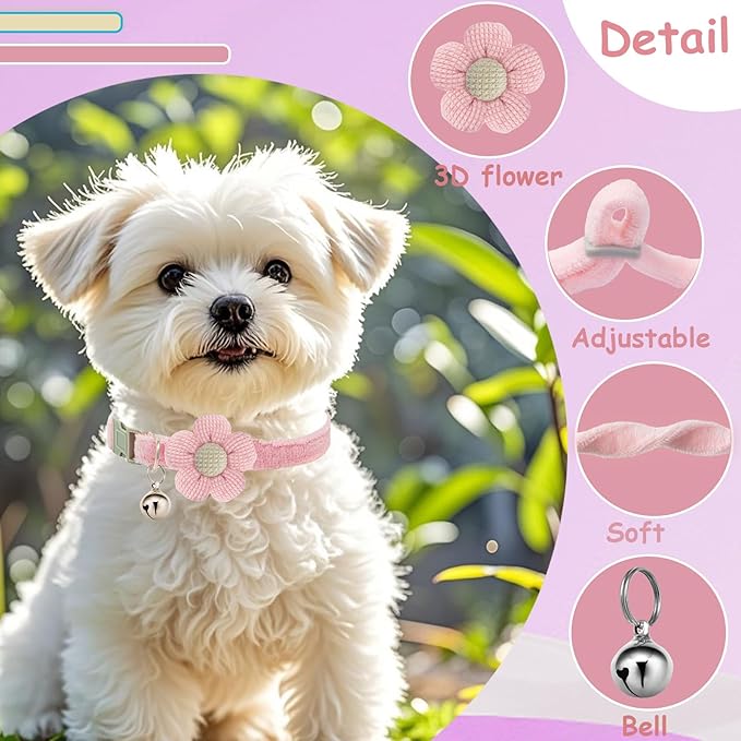 Small Dog Collar with Flower, Puppy Collars for Litter, XS Dog Collars for Small Dogs with Bell for Girl Boy Little Dog (Pink)