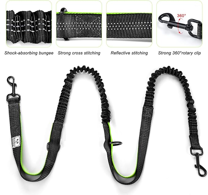 SHINE HAI Retractable Hands Free Dog Leash with Dual Bungees for 2 Dogs, Adjustable Waist Belt, Reflective Stitching Leash for Running Walking Hiking Jogging Biking Black - Green