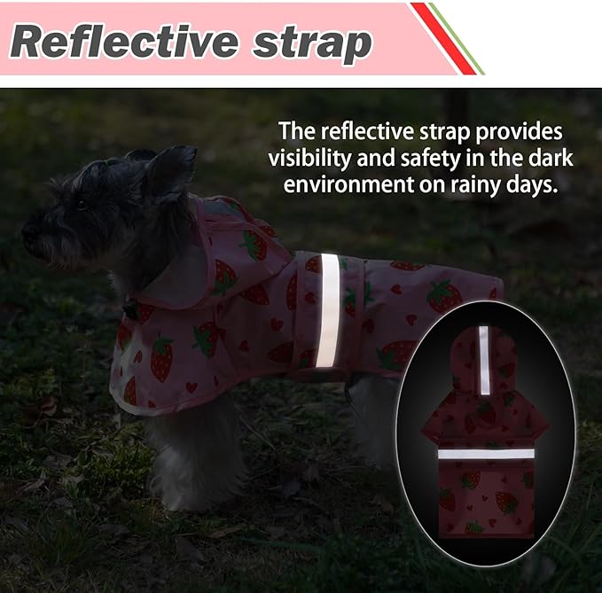 KOOLTAIL Dog Raincoat Hooded Slicker Poncho with Leash Hole, Strawberry S: Waterproof Dog Rain Jacket, Reflective Strip, Adjustable Breathable Puppy Rainwear - Small