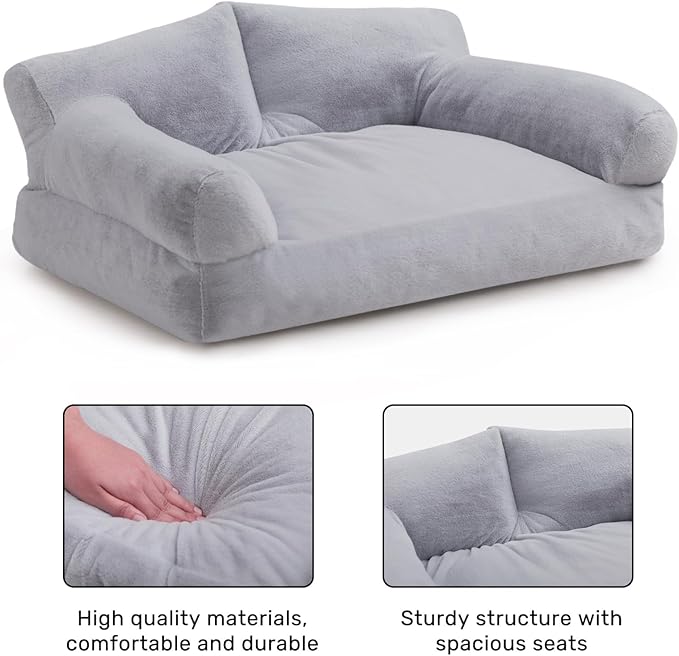 Hollypet Fluffy Plush Dog Cat Pet Couch Soft Calming Sofa Beds for Medium Small Cats and Dogs, Smoky Gray