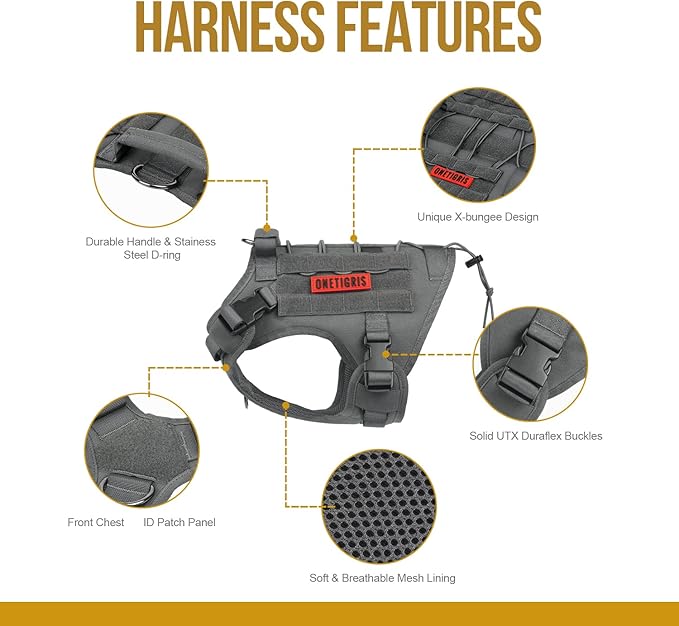 OneTigris Tactical Dog Training Vest No Pull Harness for Dogs,Adjustable Dog Hiking Harness Working Vest(Grey, Large)