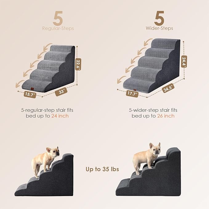 EHEYCIGA Curved Dog Stairs Ramp for High Beds, 5-Step Extra Wide Dog Steps for Small Dogs and Cats, Pet Stairs for High Bed Climbing, Non-Slip Balanced Pet Step Indoor, Grey