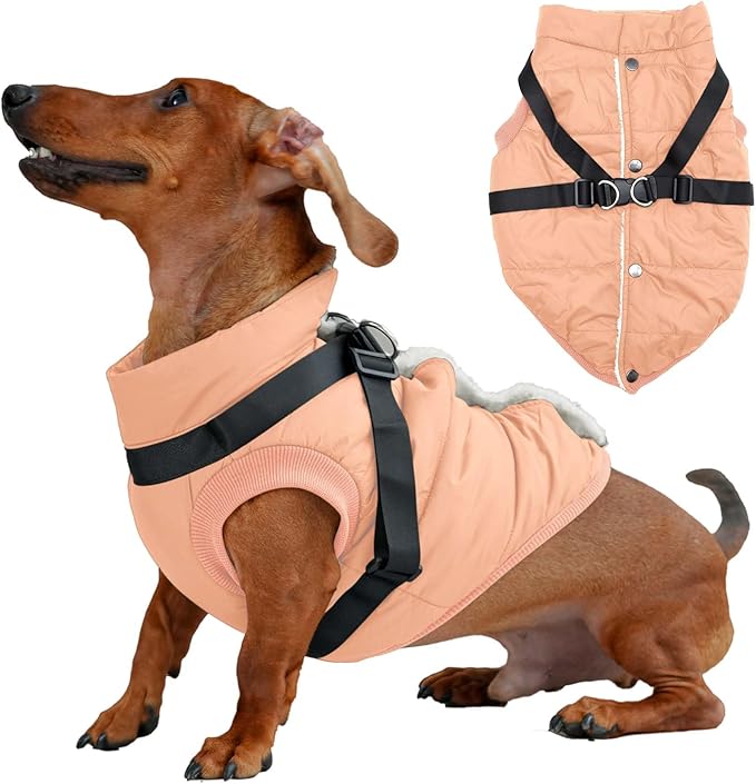 Dog Jacket with Harness,Fleece Lined Warm Puppy Coat for Winter,Soft Windproof Medium Dog Vest,LightOrange L